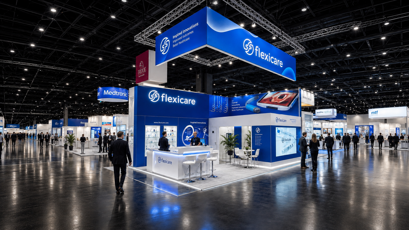 Flexicare exhibition stand with visitors on a busy show floor
